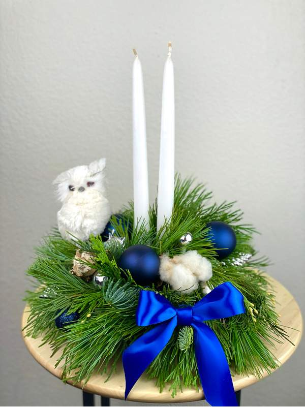 Hoot Hoot Candle Centerpiece-Flower Lab-Blue,Candles,Center Piece,center piece with candles,centerpiece,Christmas,Christmas Centerpiece,Christmas Holiday,Fresh Cut,Fresh Cut Pine,Fresh cut pines,Great For the Holidays,Great Present for Holidays,Hand Made,handcrafted,Holiday,Holiday Center Peace,Holiday Center piece,Holiday Centerpiece,Holiday Cheer,Holiday CheerPine Cones,Holiday Cheers,Holiday Wreath,Holidays,Perfect for the Holidays,perfect holiday gift,Ribbon,silver,small holiday gift