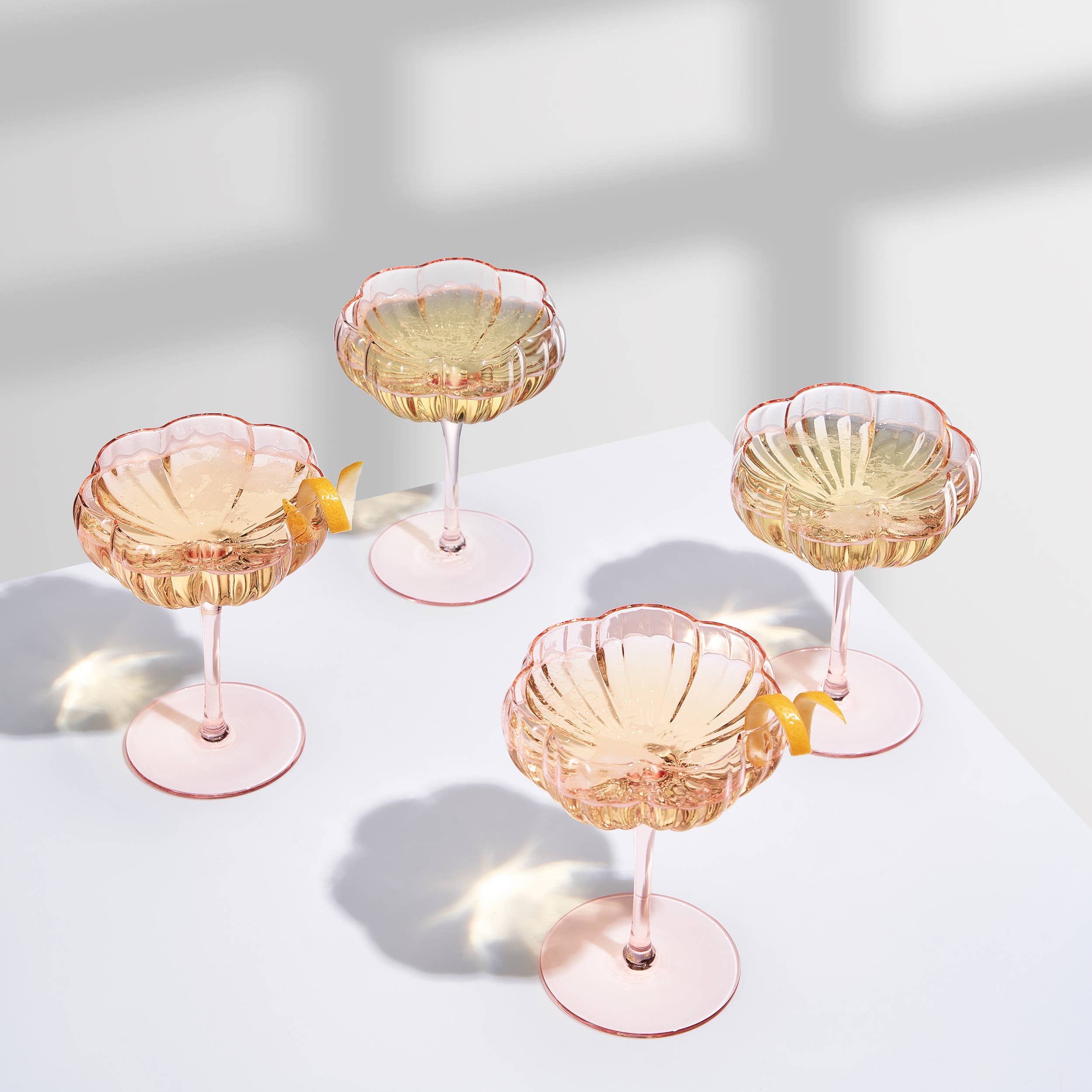 The Wine Savant / Khen Glassware - Pink Flower Coupe Cocktail Colored Glasses | 4 Set, 7.7 OZ