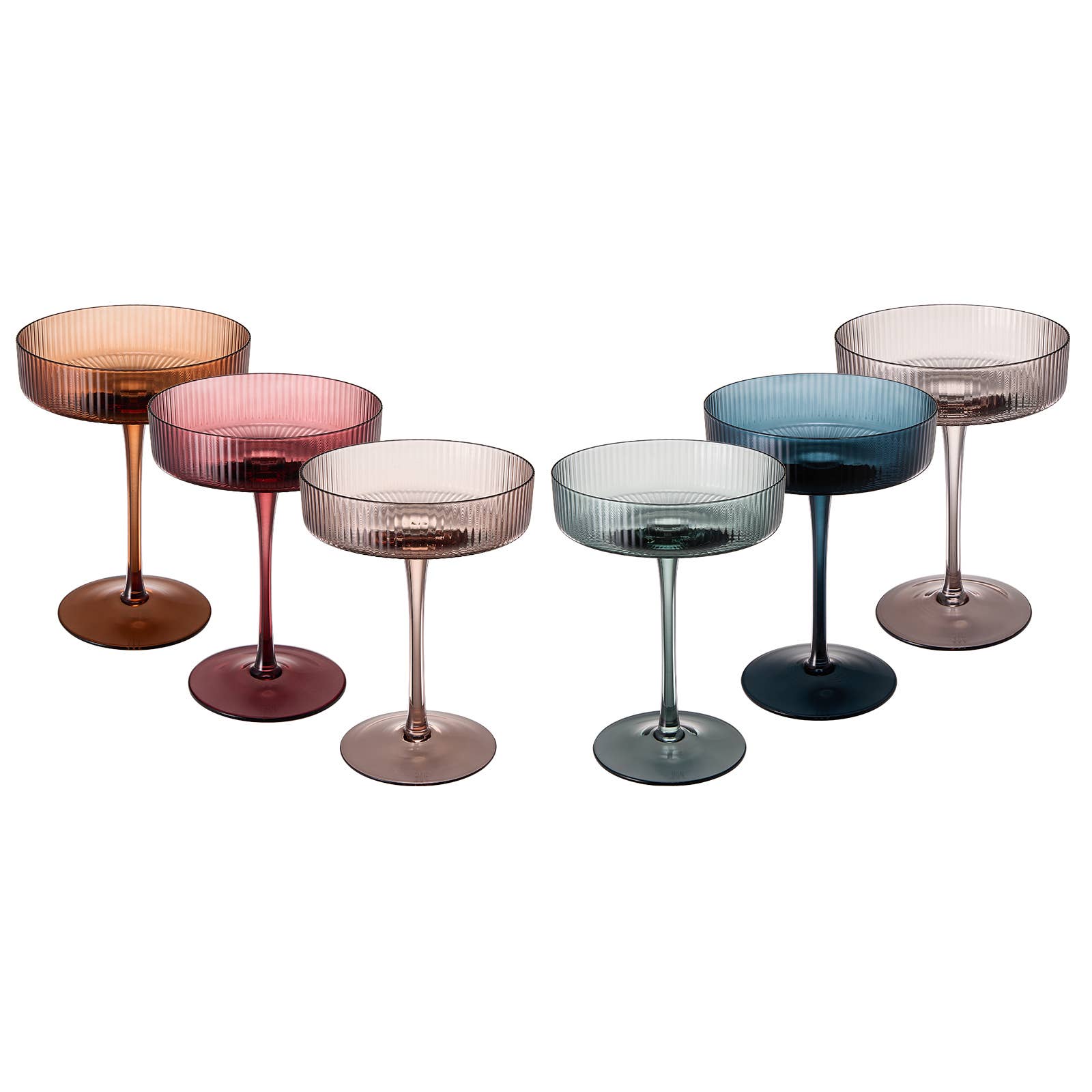The Wine Savant / Khen Glassware - Art Deco Ribbed Pastel Coupe, & Cocktail Glasses - 6 Set