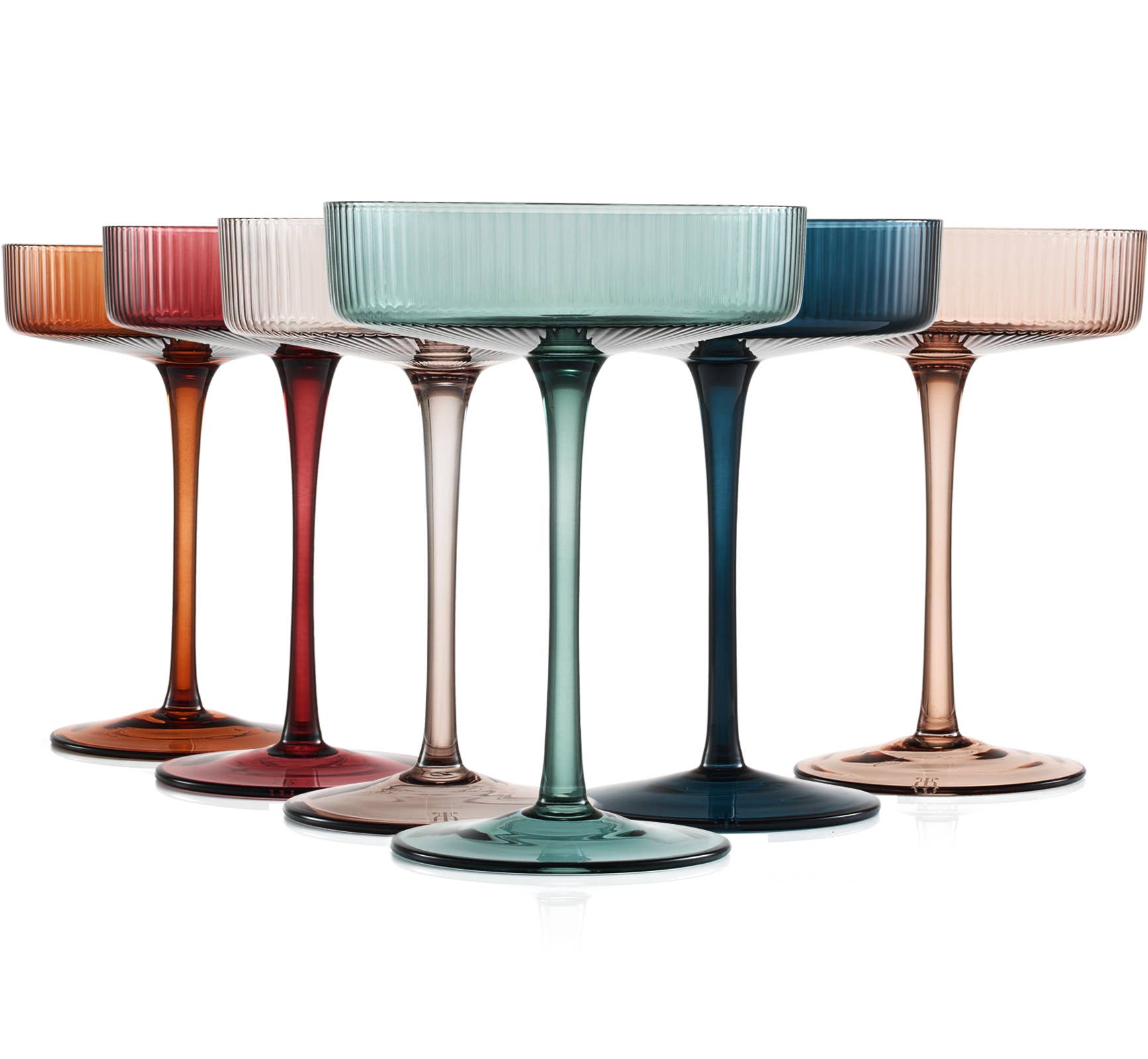 The Wine Savant / Khen Glassware - Art Deco Ribbed Pastel Coupe, & Cocktail Glasses - 6 Set
