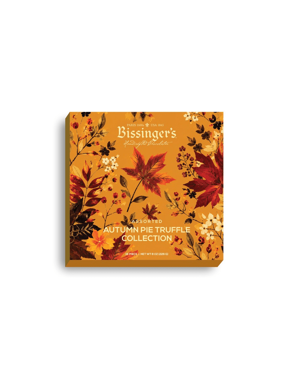 Bissinger's Autumn Pie Truffle Collection box with an orange autumn leaf design
