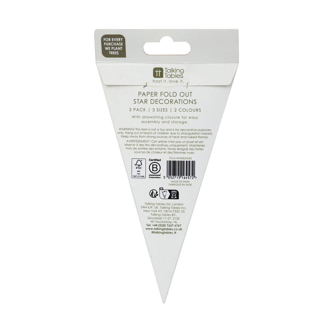 Talking Tables USA - Folklore Paper Stars Christmas Tree Decorations | 3 Pack |