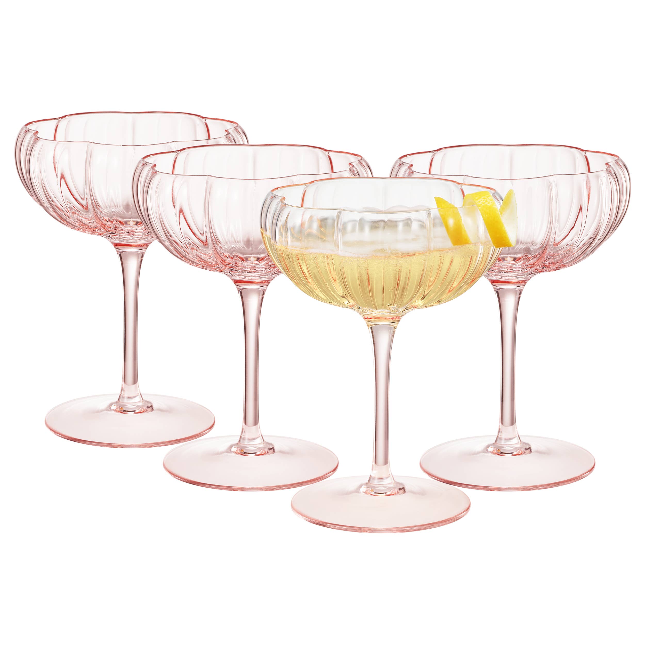 The Wine Savant /  Khen Glassware - Pink Flower Coupe Cocktail Colored Glasses | 4 Set, 7.7 OZ