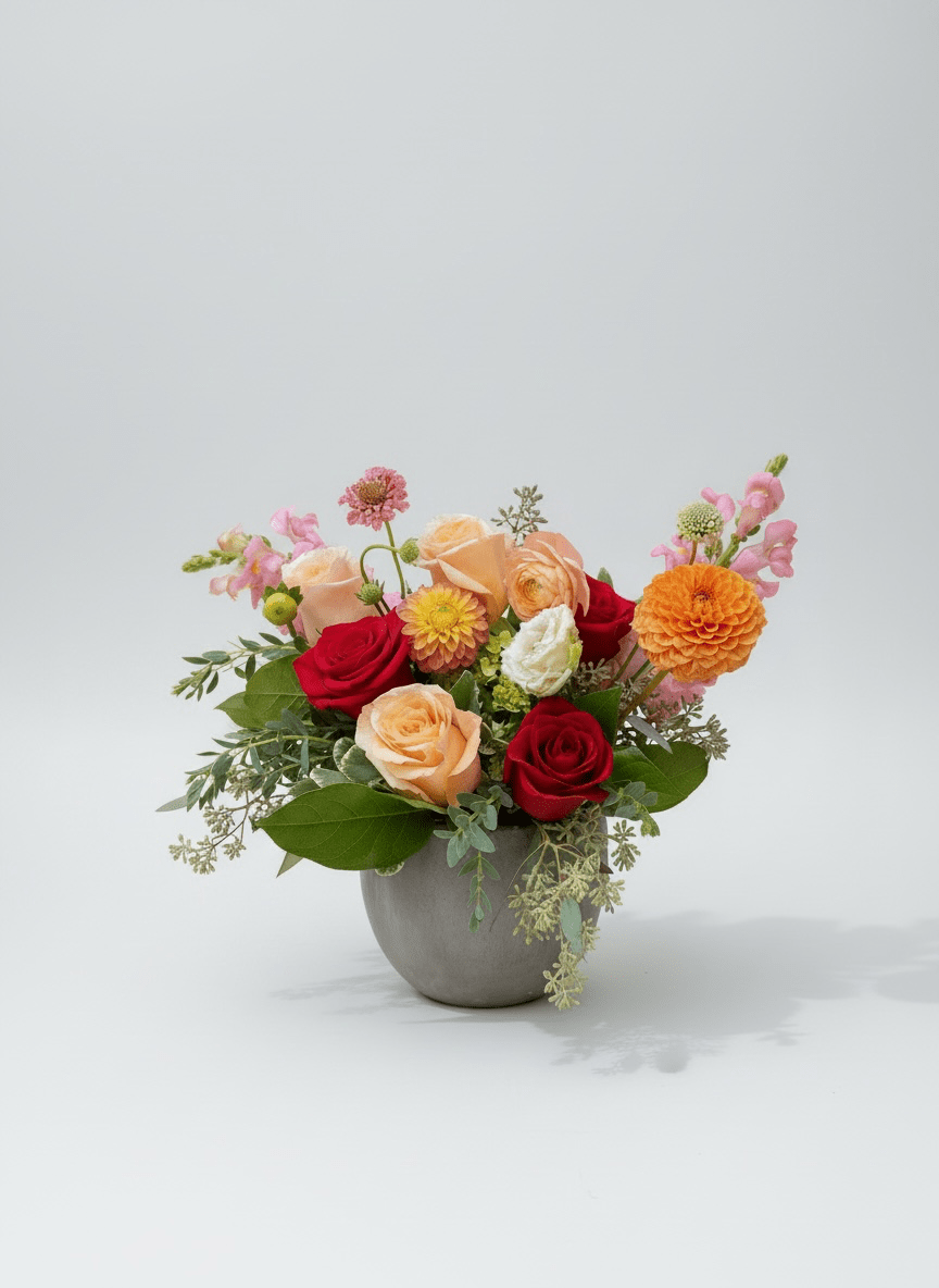 Small Urban Bloom arrangement of peach and red roses with orange dahlias in a grey pot