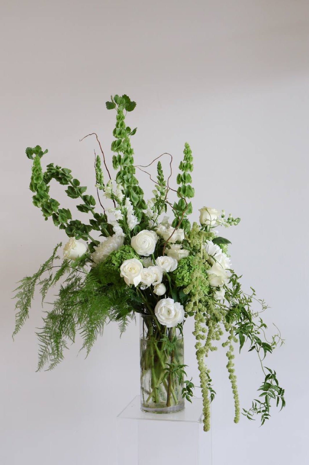 Tall white and green arrangement with roses, ranunculus, bells of Ireland and hanging amaranthus in a glass cylinder